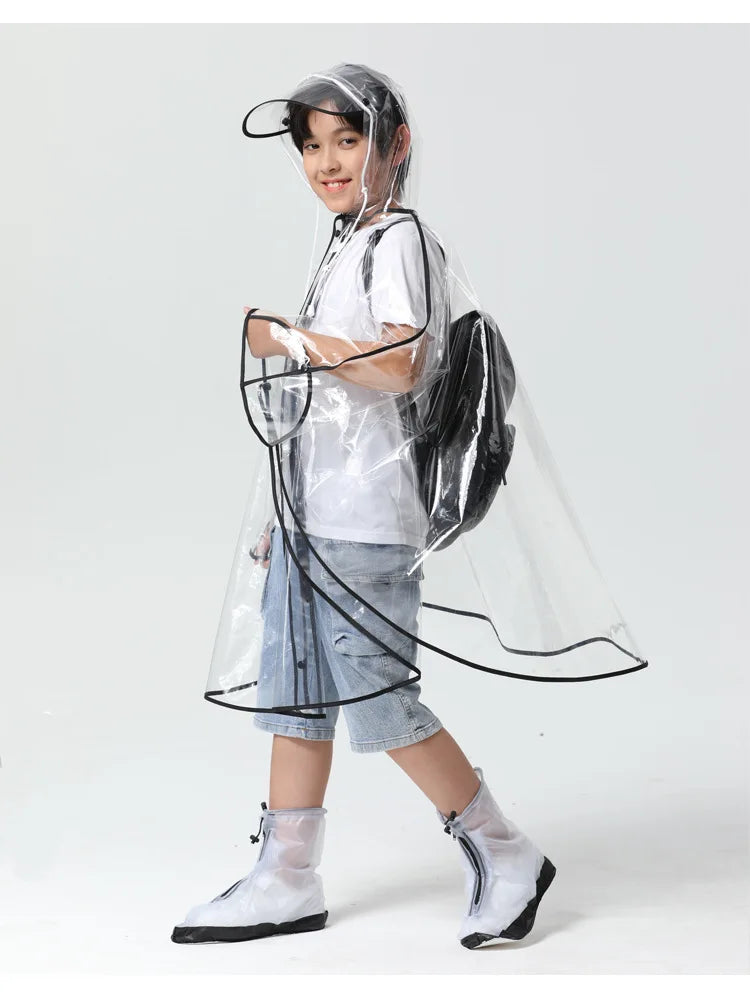 High Quality EVA Transparent Kids Raincoat Waterproof School Baby Cape With Zipper Back to School Travel Gear-Size XL
