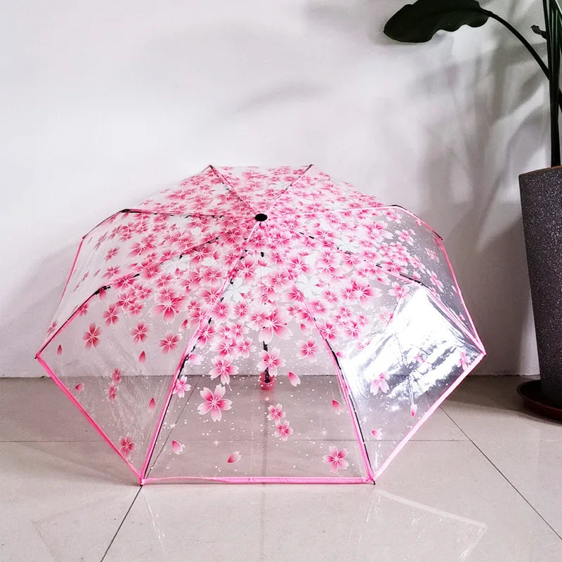 Wholesale Travel Sakura Cherry Printing Transparent 3-Folding  Umbrella Auto Open POE clear Umbrella Custom logo