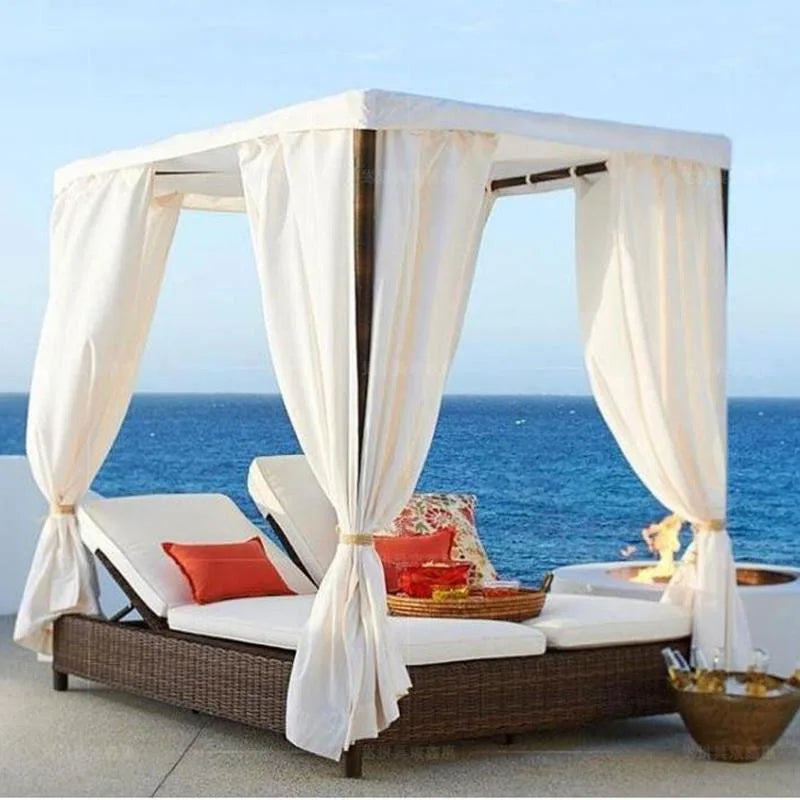 Outdoor Furniture Wicker Daybed With Curtain Beach Sun Lounger for Day Beds