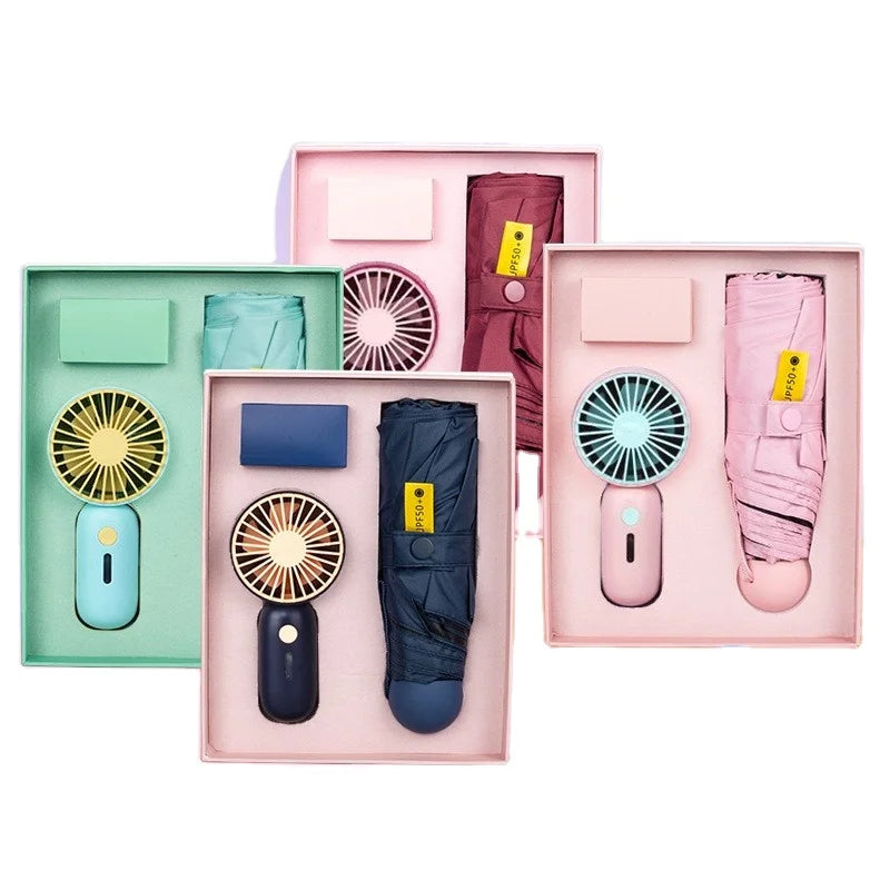 Electric Fan & Mini Pocketable 5-Folds Umbrella Contemporary Design UV Protected Fabric Paraguas Summer Gift Set Corporate Use Main image