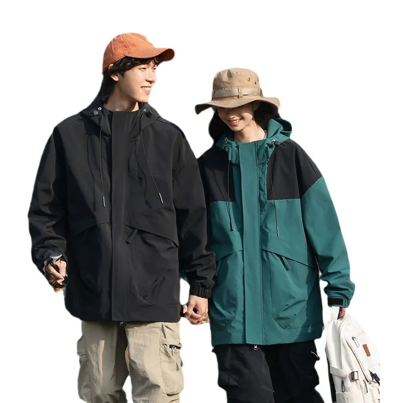 Couple Outdoor Hiking Jacket With Windproof Waterproof Cap Spring Rain Suit With Hooded Jacket Made Polyester Motorcycle Use Main image