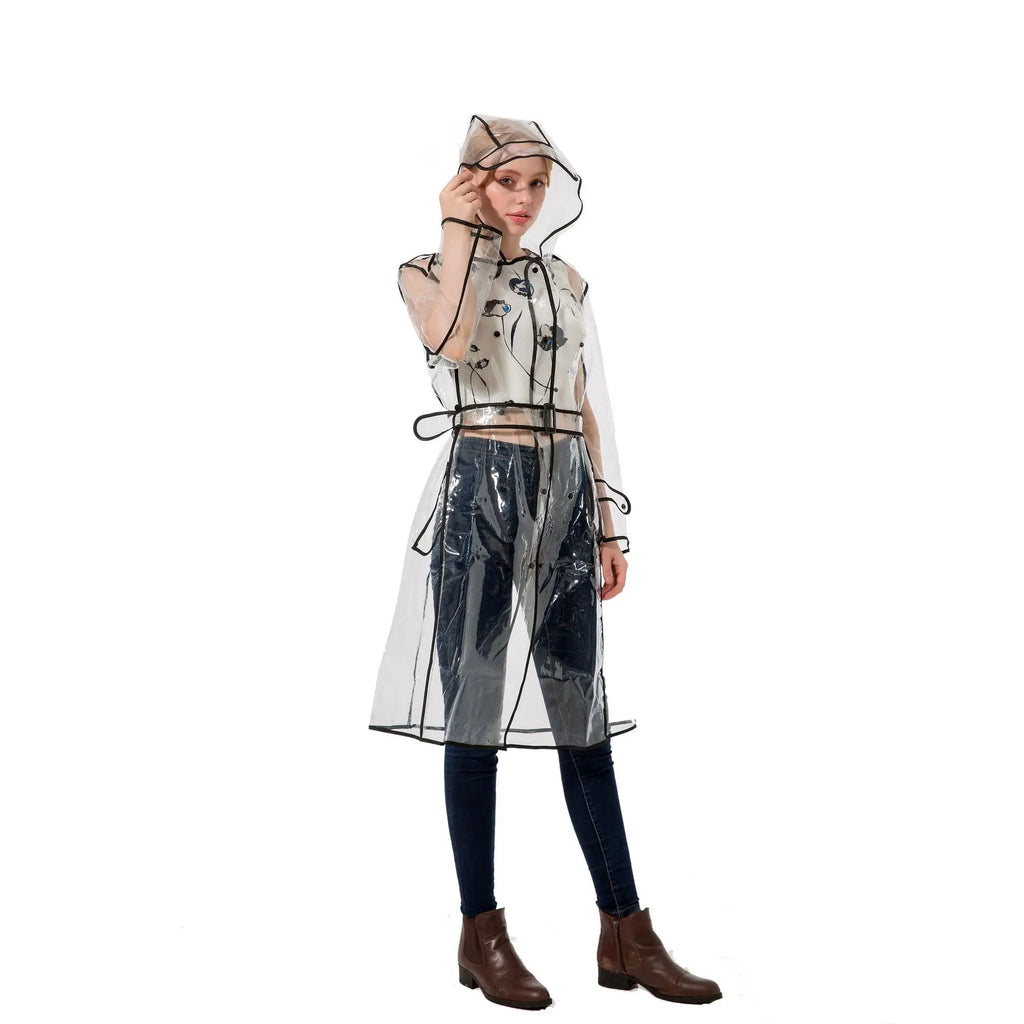EVA Transparent Waterproof Raincoat With Belt Fashionable Outdoor Personality Windbreaker Long Travel Portable Rain Poncho Girls