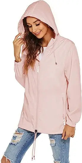 Women's Lightweight Breathable Hooded Raincoat Waterproof Windbreaker for Outdoor Activity Durable Polyester Customizable Logo