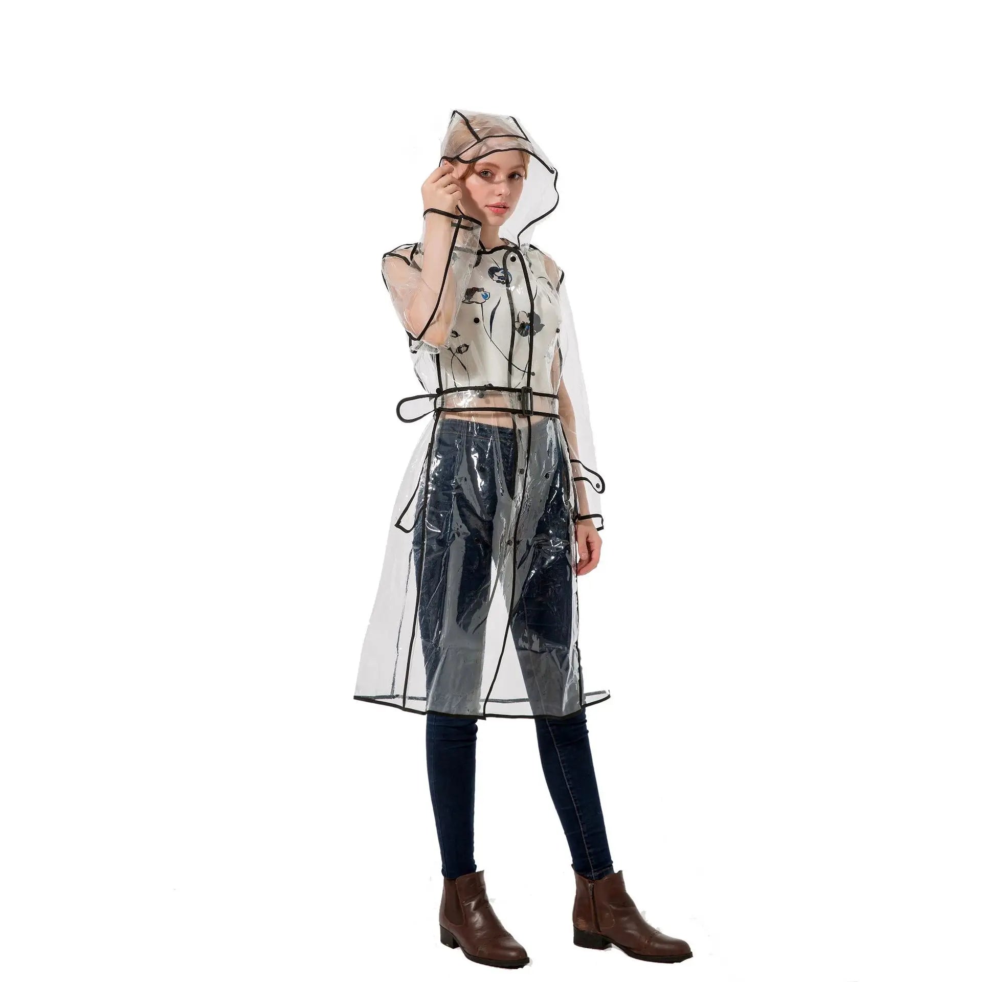 EVA Transparent Waterproof Raincoat With Belt Fashionable Outdoor Personality Windbreaker Long Travel Portable Rain Poncho Girls