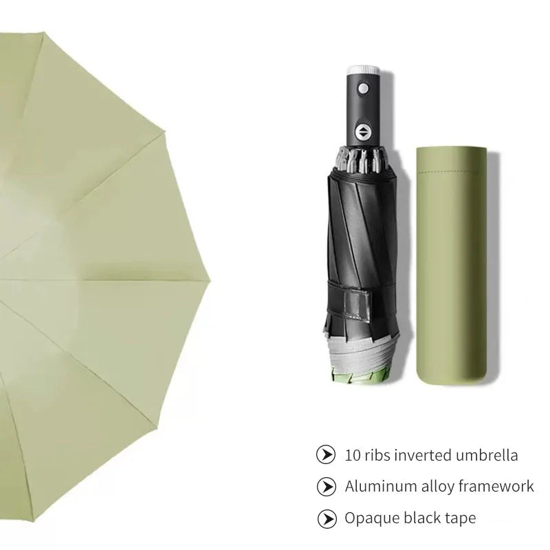 High Quality Men's Automatic Reverse LED Luminous 3-Fold Business Umbrella Waterproof Fabric With Plastic Handle for Rain Cars