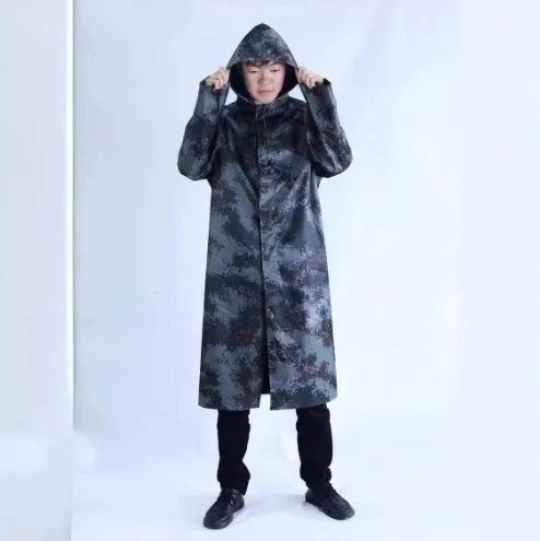 Fashionable One-piece Waterproof Camouflage Long Raincoat With Double Plackets and Buttons 0.28mm PVC