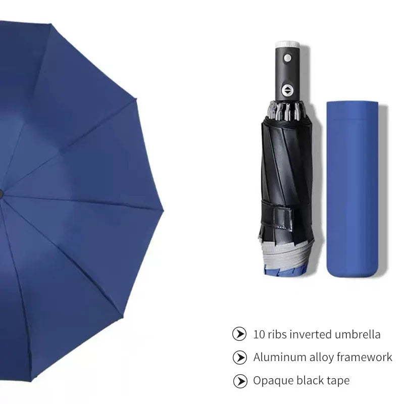 High Quality Men's Automatic Reverse LED Luminous 3-Fold Business Umbrella Waterproof Fabric With Plastic Handle for Rain Cars