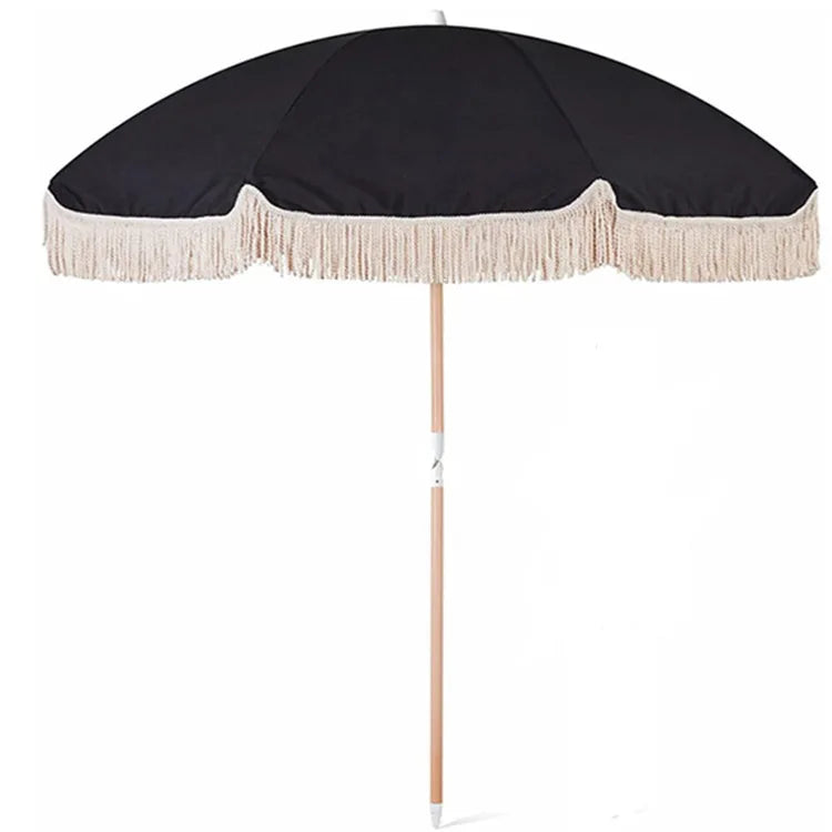 Factory Price Luxury Bohemian Straight Umbrella Hard Wood Canvas Beach Umbrella UV Protection Wooden Sun Rain Custom Logo Travel