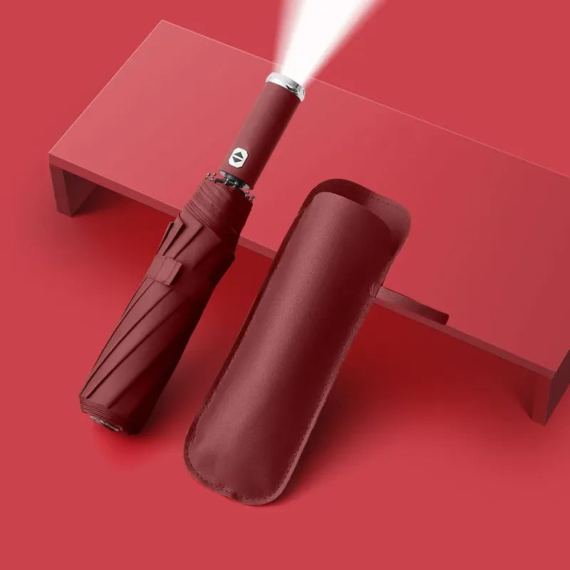 Adults' Windproof Compact LED Folding Umbrella 10k Pongee Panels UV Protection 190t Material Swivel Handle Customizable Logo