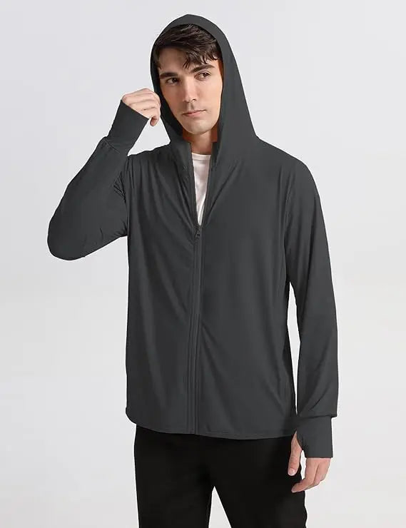 Men's UPF 50+ Sun Protection Outdoor Lightweight Full Zip Hoodie Rain Jacket Long Sleeve Fishing Hiking Performance Shirt