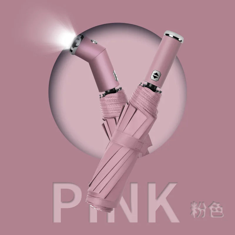 Classic Three-folding LED Umbrella Handle Flashlight Coating Fully-automatic Plastic With Automatic Open Close Anti-uv Black 500