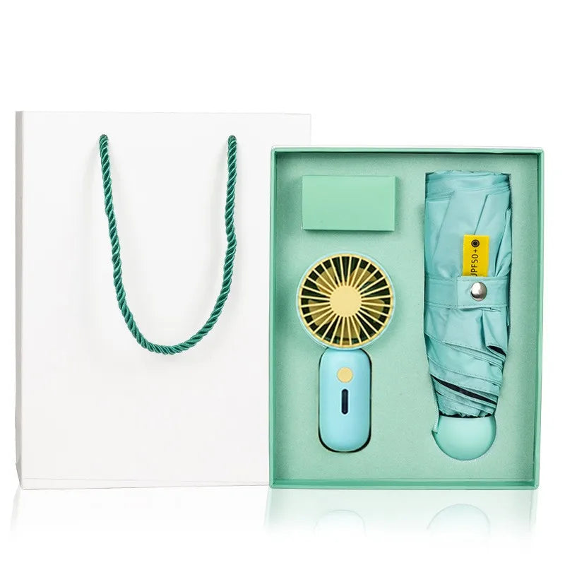 Electric Fan & Mini Pocketable 5-Folds Umbrella Contemporary Design UV Protected Fabric Paraguas Summer Gift Set Corporate Use