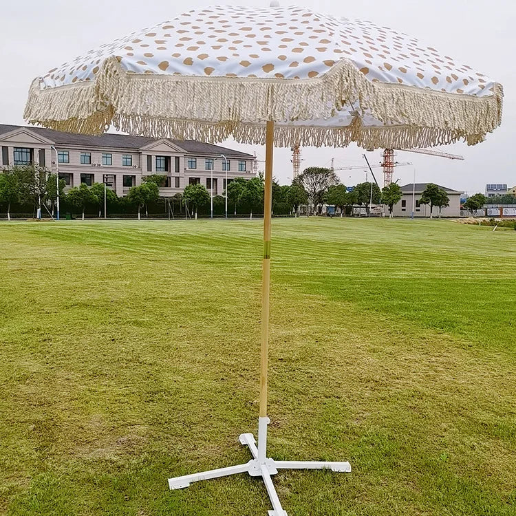 Factory Price Luxury Bohemian Straight Umbrella Hard Wood Canvas Beach Umbrella UV Protection Wooden Sun Rain Custom Logo Travel