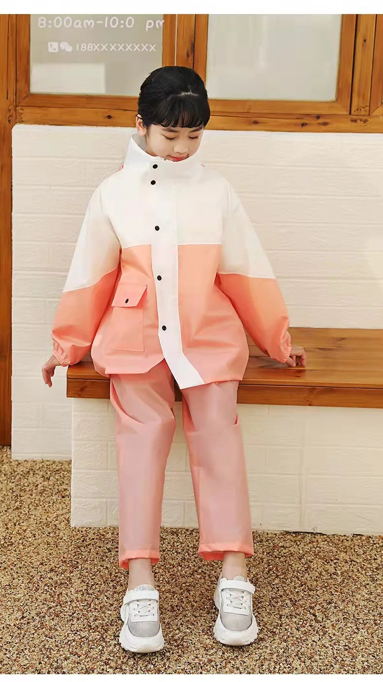 Children's Waterproof Rain Suit Set With Reflective Pants and Hidden Backpack Space Raincoat Custom Logo Decoration for Girls