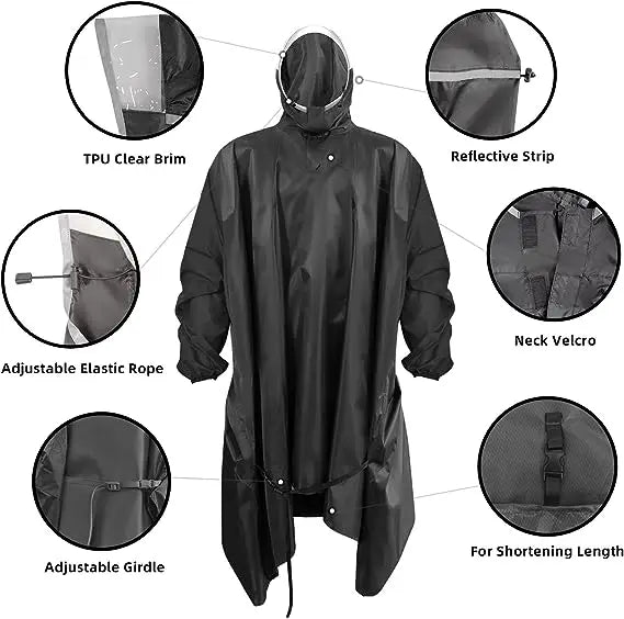 Waterproof Lightweight Hooded Rain Poncho for Adults Reusable Rain Coat One Pocket Breathable Feature Hiking Tours Men Women