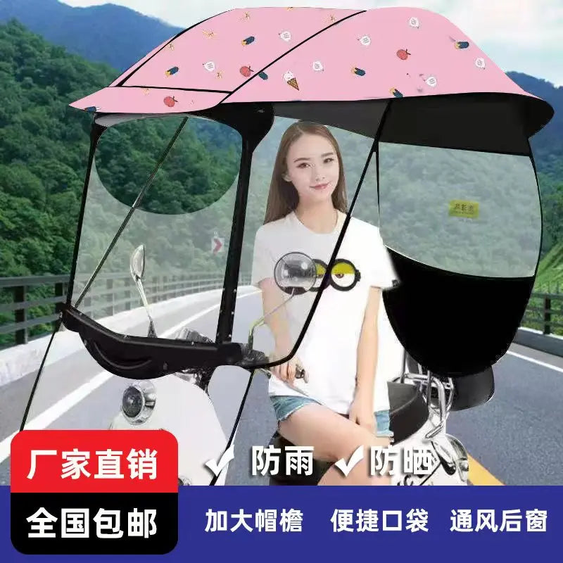 Full Cover Scooter Bicycle UV Printed Rain Shelter Manual Pongee Canopy Adults' Motorcycle Car Electric Bike Motor Sunshade