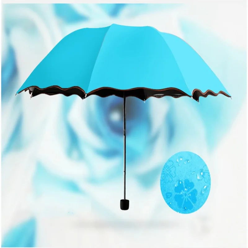 Creative Three-Fold Lotus Leaf Edge Sunshade Umbrella Watercolor Blooms Strong UV Protection Black Glue Customizable Logo