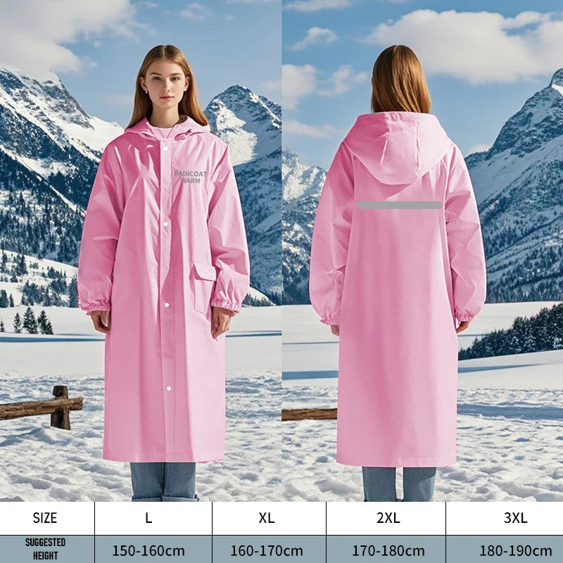 Adult Double Layer Raincoat With Warm Velvet Lining Logo Hooded Waterproof Reflection Tape Outdoor Travel Riding Rain Boys Girls