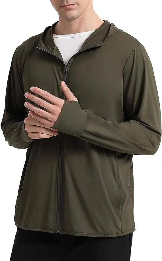 Men's UPF 50+ Sun Protection Outdoor Lightweight Full Zip Hoodie Rain Jacket Long Sleeve Fishing Hiking Performance Shirt