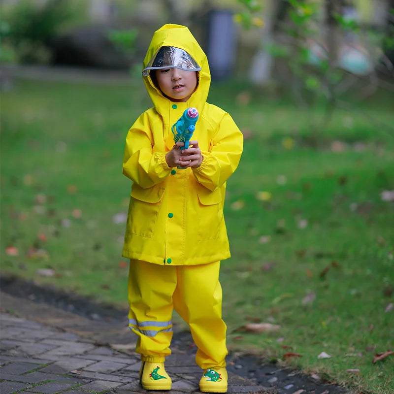 Outdoor Waterproof Reflective Raincoat Suit for Boys and Girls Polyester Overalls With Suspender Trousers for Rain and Travel