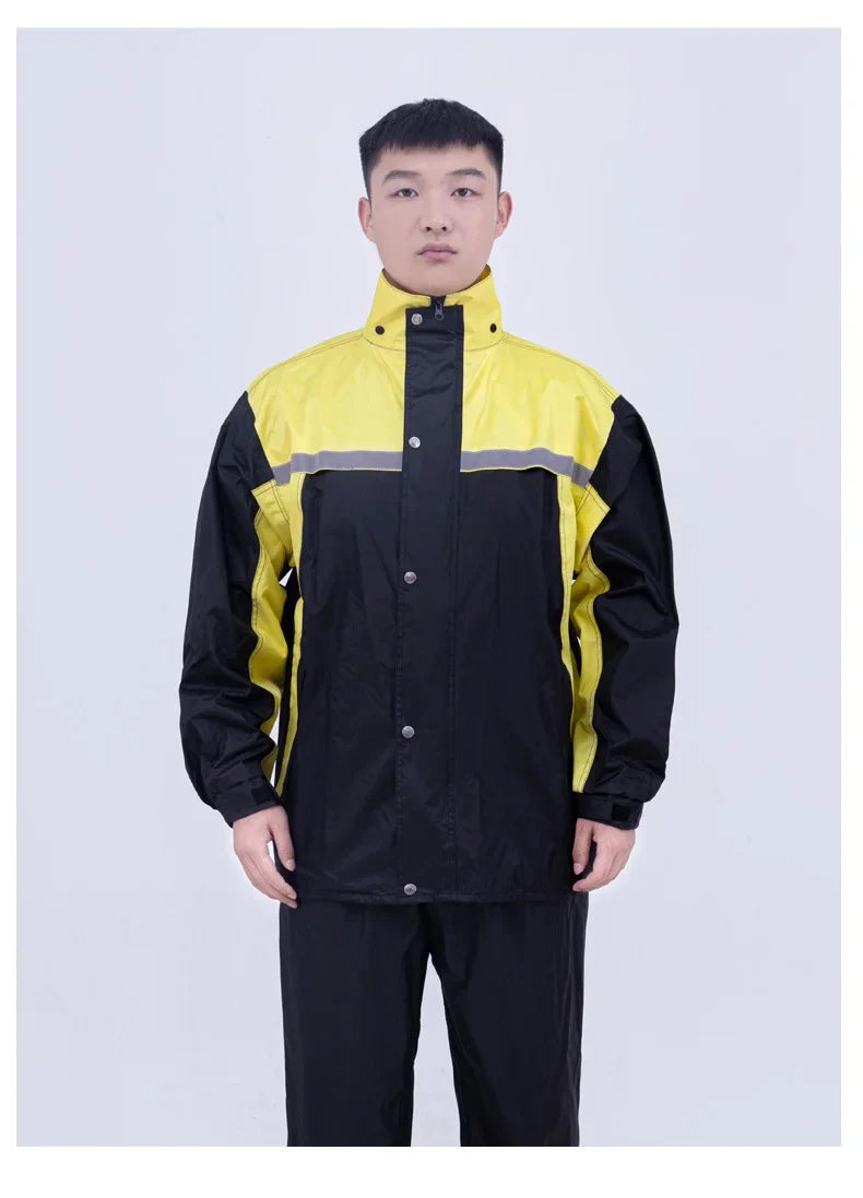 Men's Moto Style Long-Body Nylon Raincoat Rainpants Suit Windproof Quick-Drying Split-Style Hooded Poncho Pattern for Motorcycle