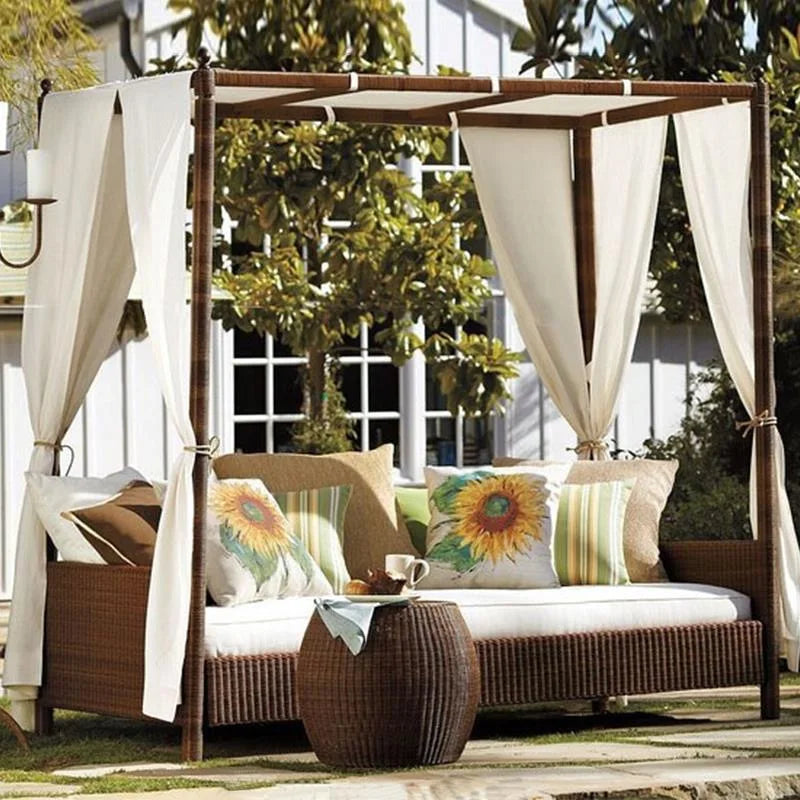 Outdoor Furniture Wicker Daybed With Curtain Beach Sun Lounger for Day Beds