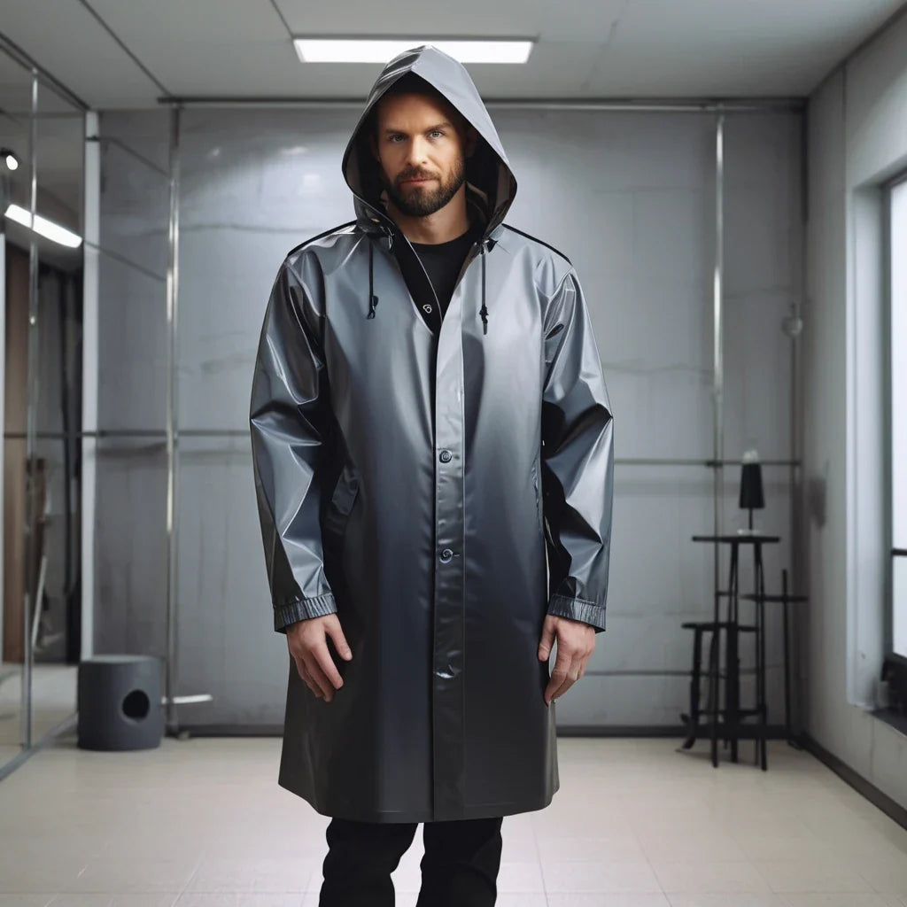 Men's Fashionable Black Polyester Raincoat Waterproof Long Rain Jacket Hooded EVA Raincoat Activities Hiking Adult Raincoat