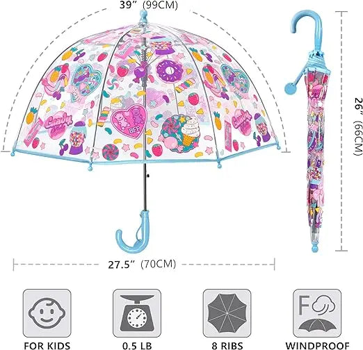 Kids Transparent Dome Bubble Umbrella Comfortable Fabric Sun Shield With Easy Grip Curved Plastic Handle for Toddler Boys Girls