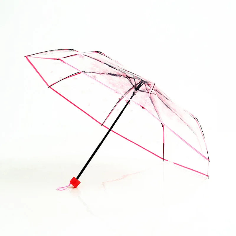 Wholesale Travel Sakura Cherry Printing Transparent 3-Folding  Umbrella Auto Open POE clear Umbrella Custom logo