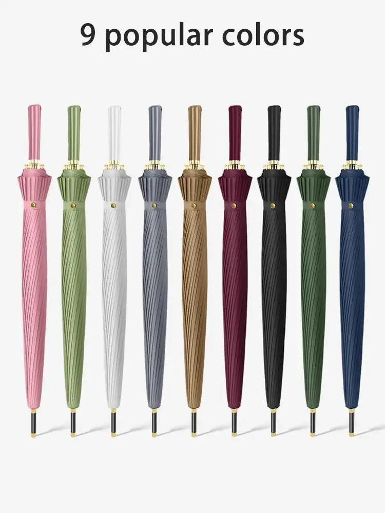 23-Inch 24K Japan Design Straight Umbrella Leather Handle Windproof Rain Customizable Logo Fabric Material Promotional Features