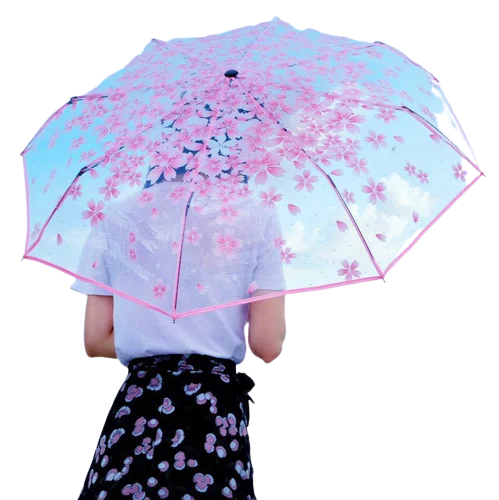 Wholesale Travel Sakura Cherry Printing Transparent 3-Folding  Umbrella Auto Open POE clear Umbrella Custom logo