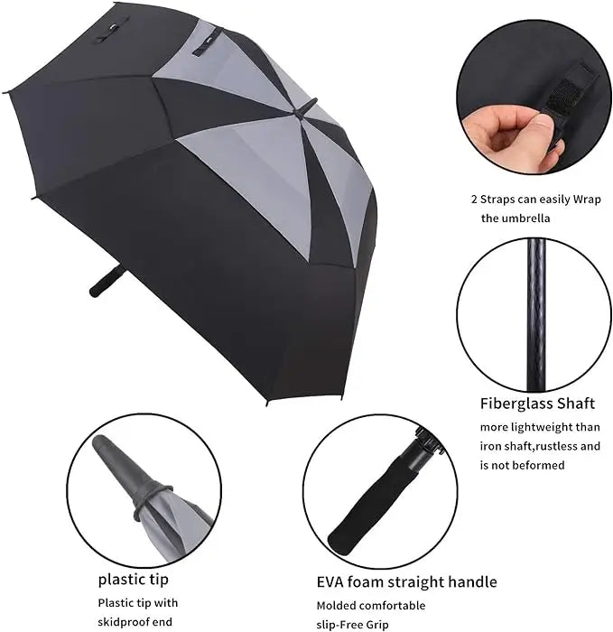 34 Inch Windproof Automatic Golf Umbrella Large Size Square With Vented Stick Sturdy and Hanging Design for Adults Man Woman