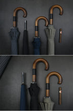 Luxury Automatic Wooden J Handle Business Umbrella With Custom Logo UV Printing Folding Feature for Rain Gifts