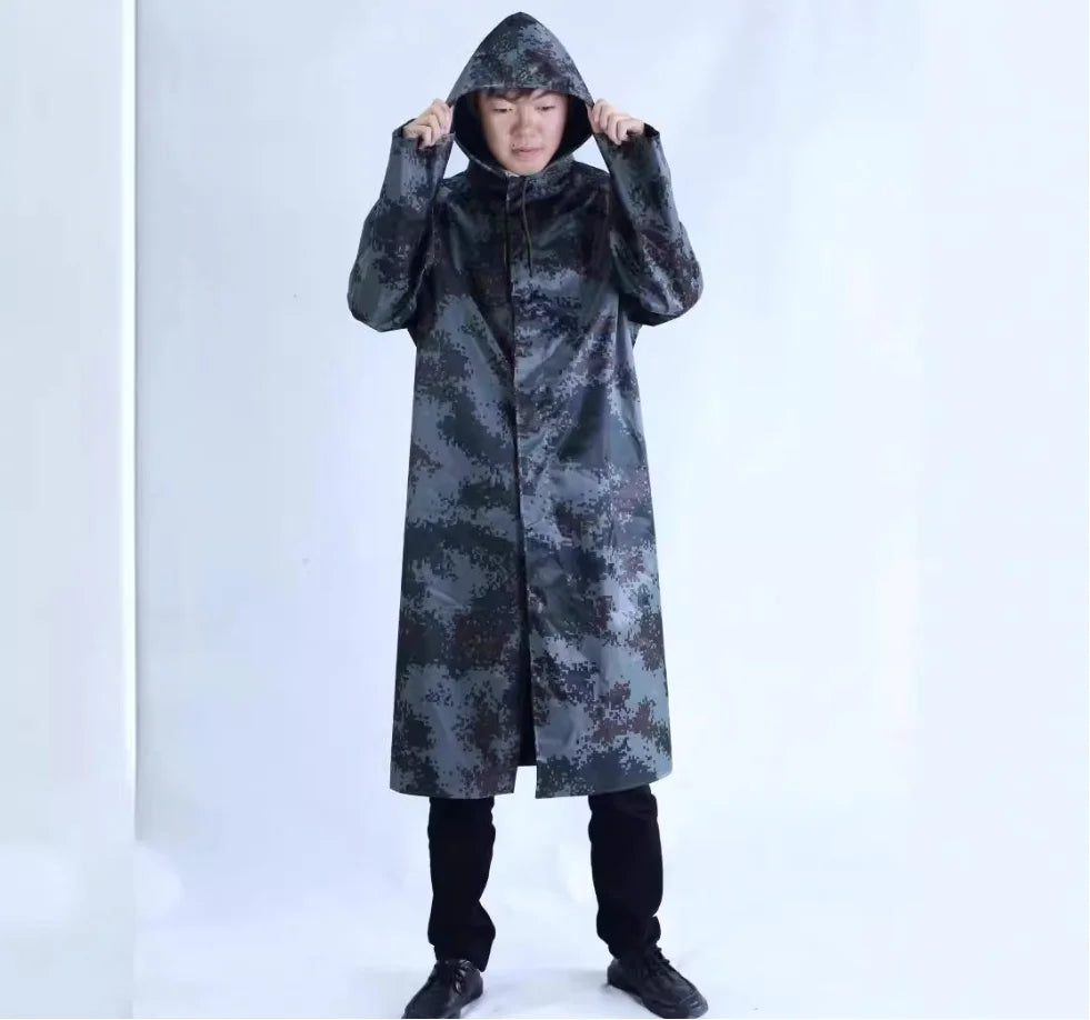 Fashionable One-piece Waterproof Camouflage Long Raincoat With Double Plackets and Buttons 0.28mm PVC