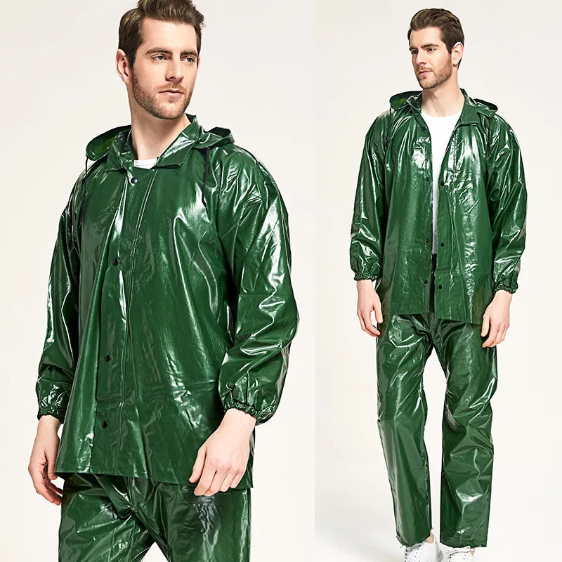PVC Split Reusable Rain Coat With Pants Waterproof Fishing Rain Gear Motorcycle Suit Logo Decorated for Hiking With One Pocket