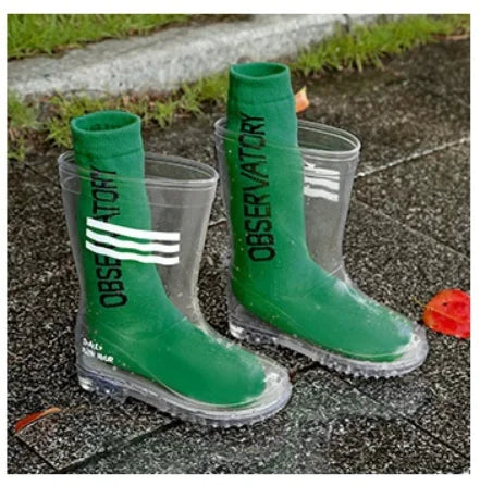 Children's Waterproof PVC Transparent Rain Boots Non-Slip Fashion Water Shoes for Primary School Boys Big Kids