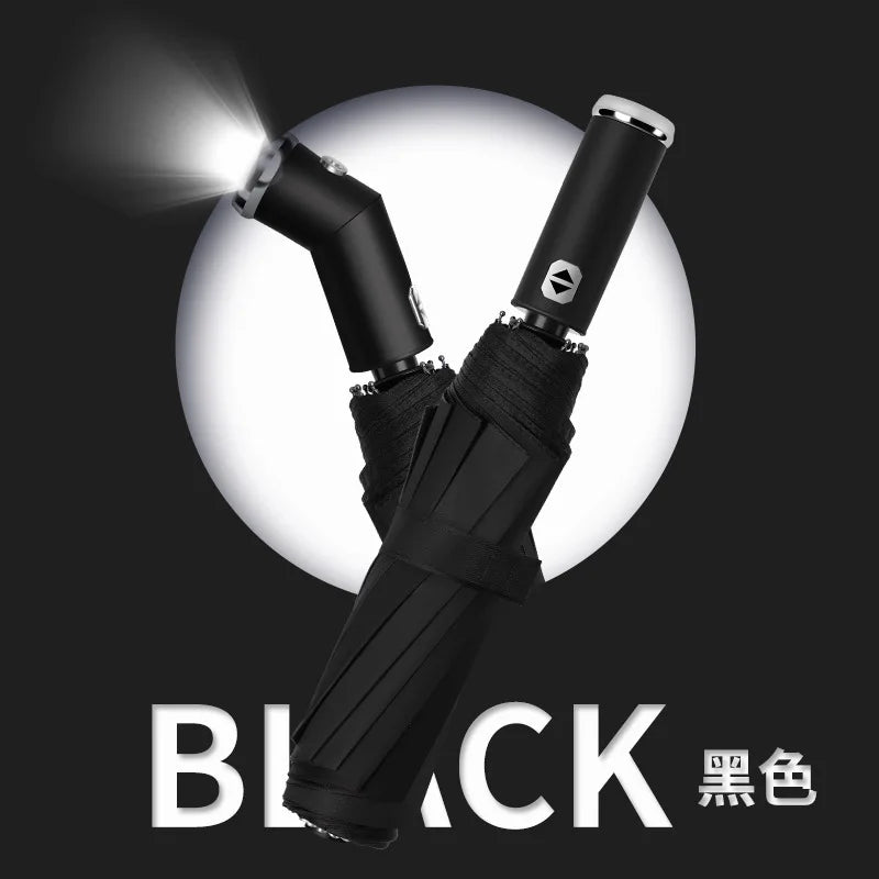 Classic Three-folding LED Umbrella Handle Flashlight Coating Fully-automatic Plastic With Automatic Open Close Anti-uv Black 500