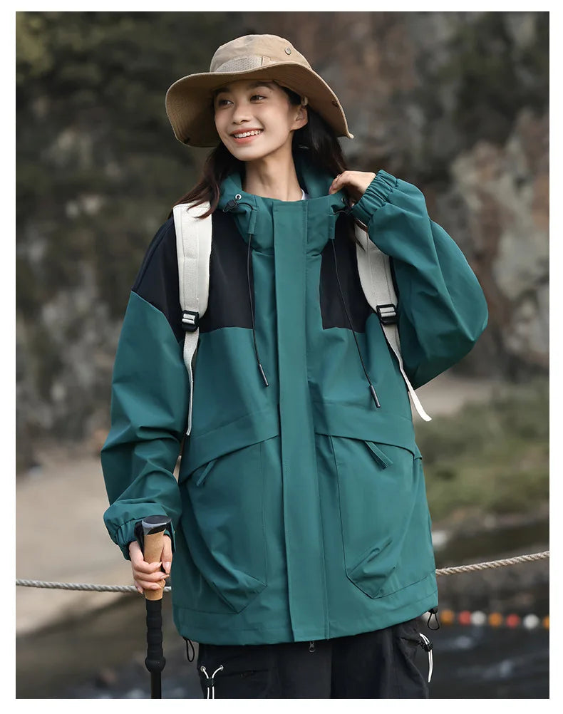 Couple Outdoor Hiking Jacket With Windproof Waterproof Cap Spring Rain Suit With Hooded Jacket Made Polyester Motorcycle Use