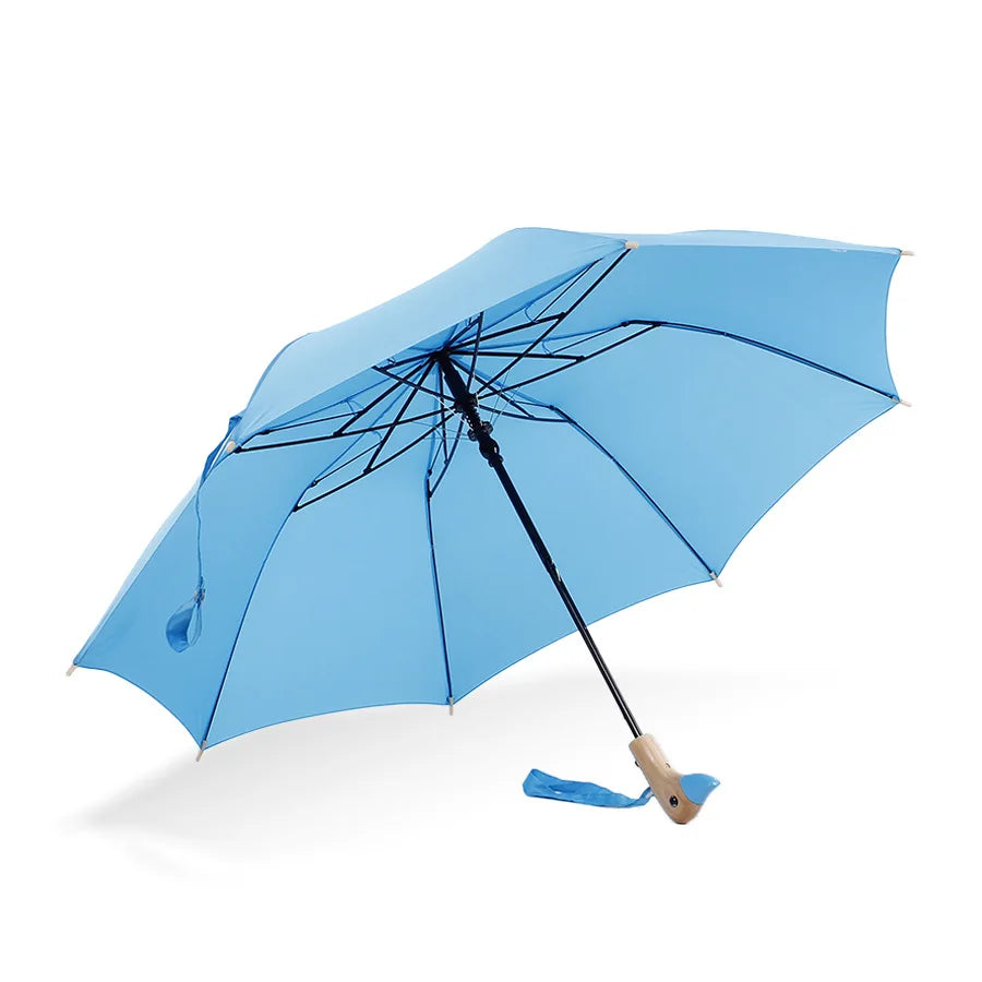 Custom 2-Fold Kids Umbrella With Multi-Color Wooden Animal Handle Yellow Bird Duck Design for Children