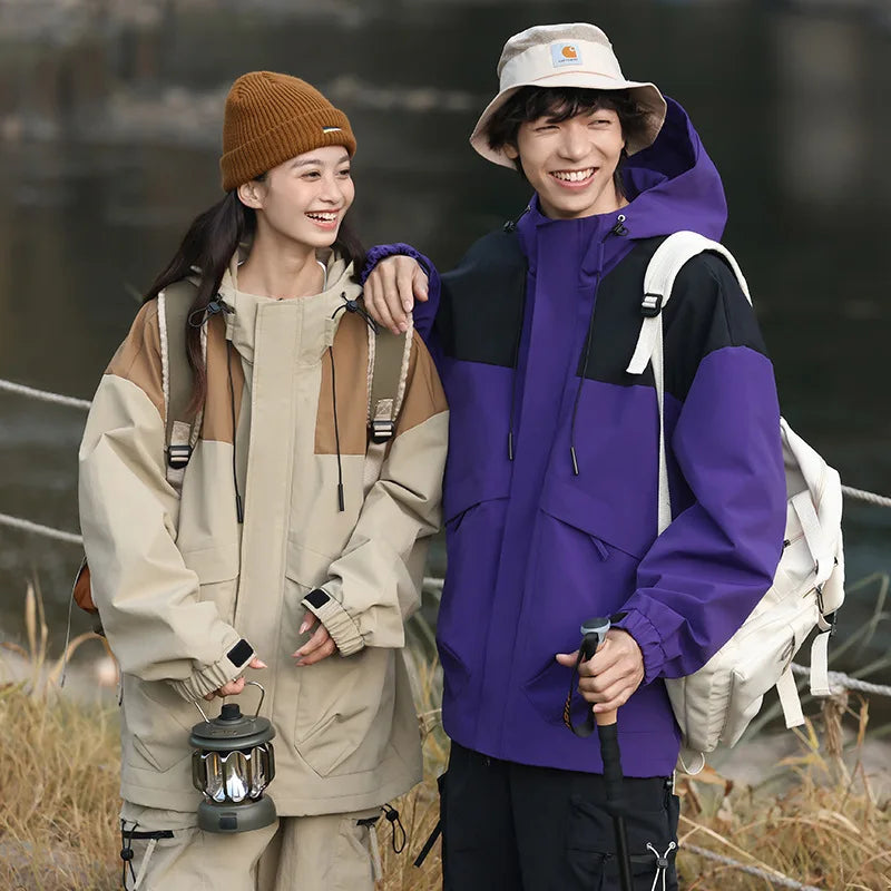 Couple Outdoor Hiking Jacket With Windproof Waterproof Cap Spring Rain Suit With Hooded Jacket Made Polyester Motorcycle Use