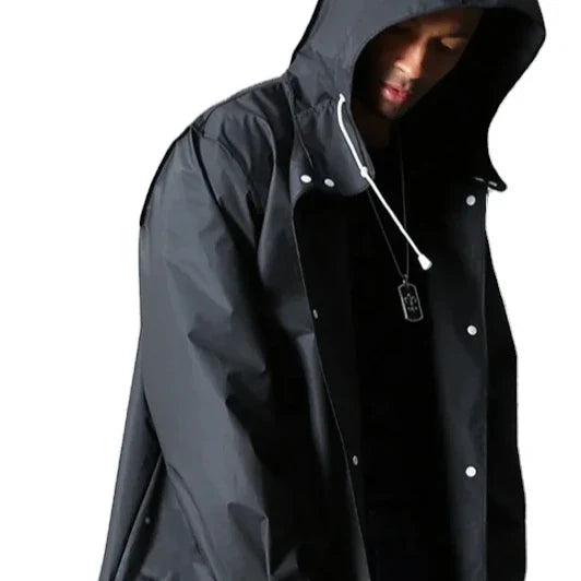 Men's Fashionable Black Polyester Raincoat Waterproof Long Rain Jacket Hooded EVA Raincoat Activities Hiking Adult Raincoat