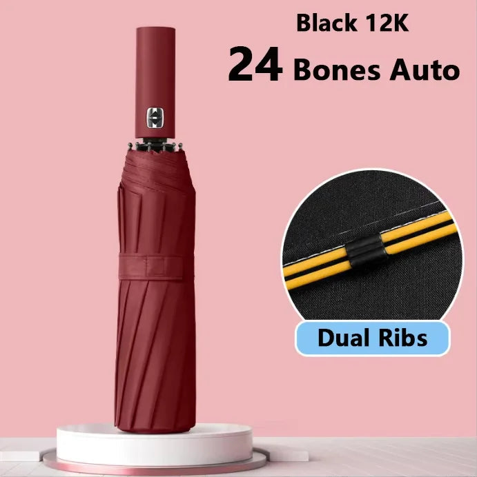 24 Ribs Custom logo 12k 3 Folding Umbrella Automatic Open and Close Sun and Rain Umbrella for Outdoor
