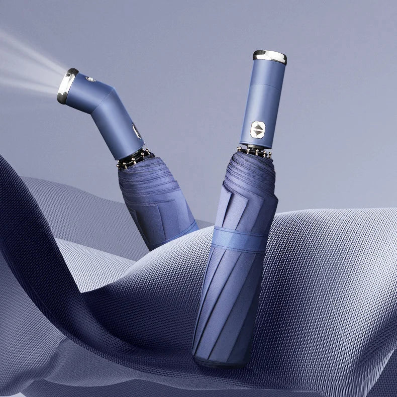 Classic Three-folding LED Umbrella Handle Flashlight Coating Fully-automatic Plastic With Automatic Open Close Anti-uv Black 500