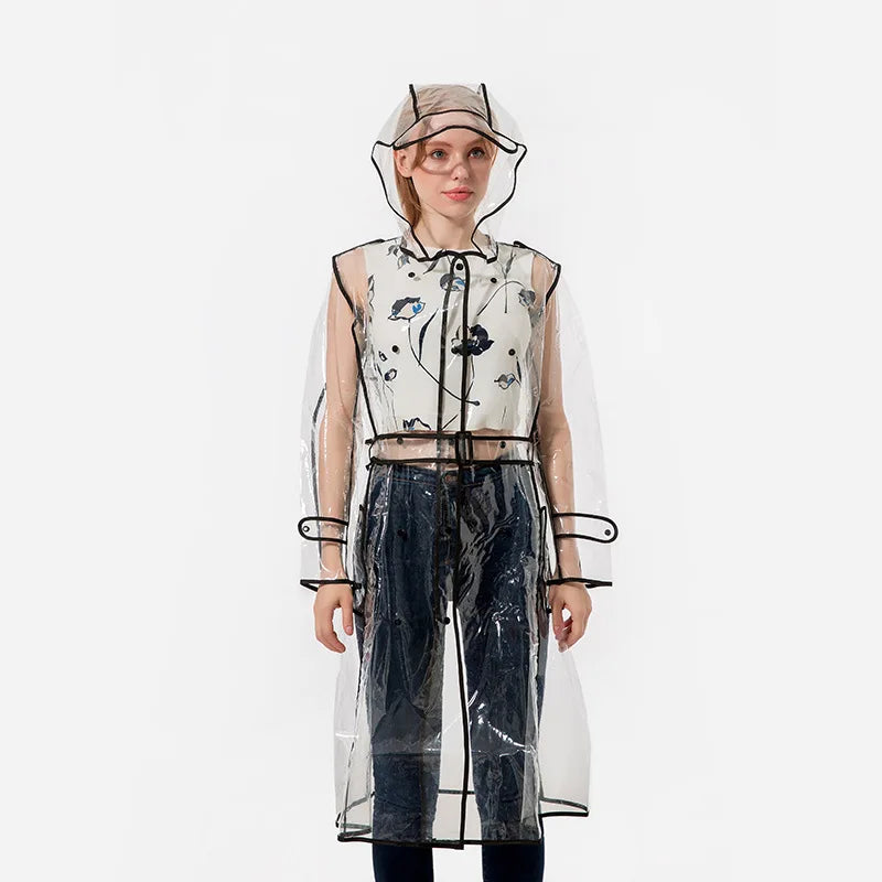 EVA Transparent Waterproof Raincoat With Belt Fashionable Outdoor Personality Windbreaker Long Travel Portable Rain Poncho Girls Main image