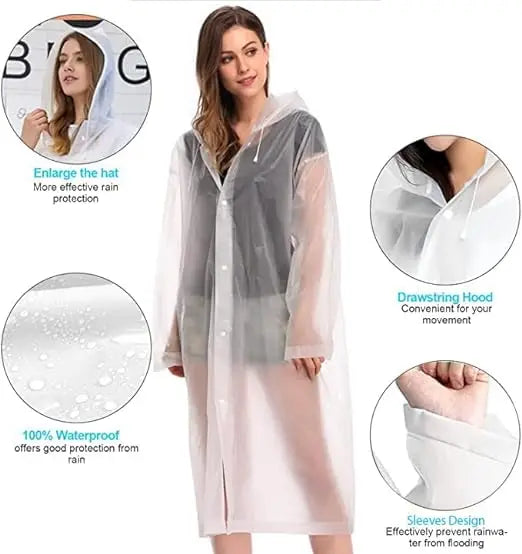 Waterproof EVA Raincoat Poncho for Adults Reusable Windproof Emergency Rainwear Hood Drawstring One Pocket Rainwear Men Women