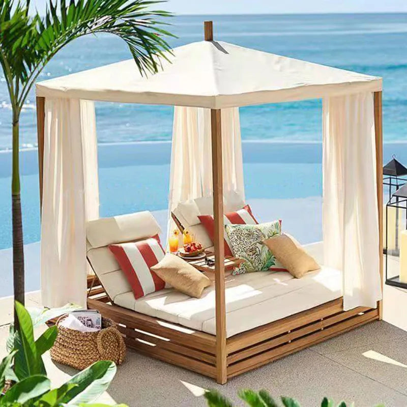 Luxury Outdoor Furniture Modern Style Teak Rattan Daybed Sun Lounger Aluminum Frame for Beach Garden Hotels Parks Villas